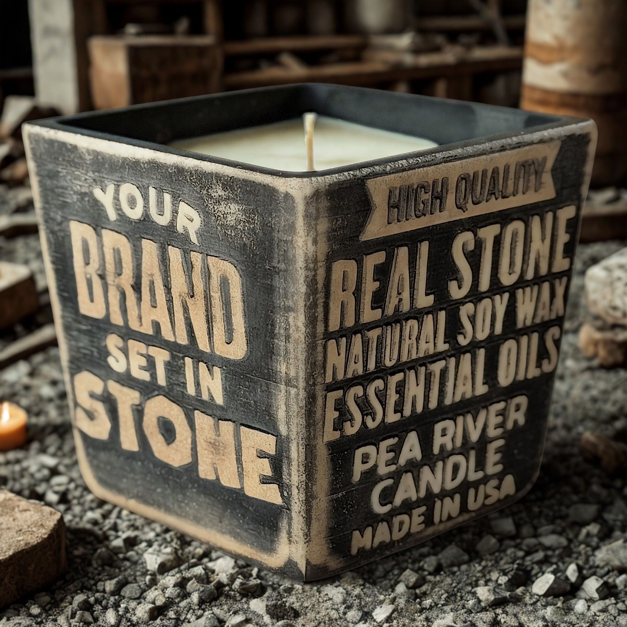 Custom soy candle in concrete vessels for retail by Pea River Candle Company